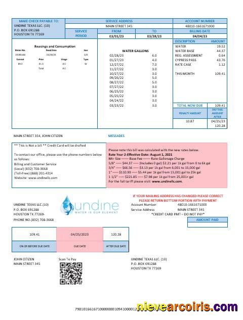 USA Texas Undine water is our element water  utility bill
